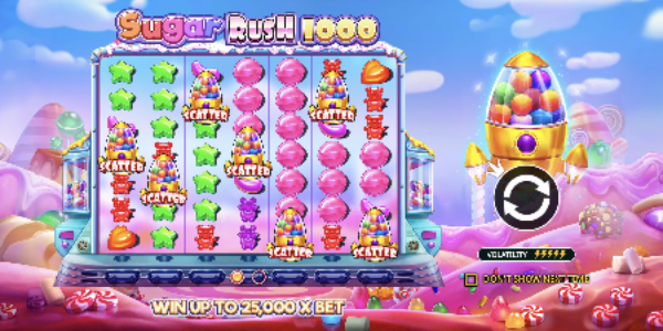 Sugar Rush 1000 candy symbol cluster on the reels after a spin