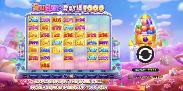 Sugar Rush 1000 multiplier spots visible on the game grid